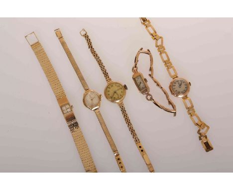 A COLLECTION OF FIVE GOLD LADY'S WRISTWATCHES, comprising a 9 carat gold Omega, 14 carat gold Rotary and three 9 carat gold u