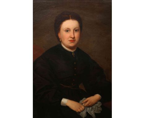 ENGLISH SCHOOL (LATE 19TH CENTURY), PORTRAIT OF ELIZABETH (BESSIE) KENSINGTON (NEE WOOD), seated dressed in black, oil on can