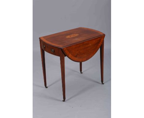 A GEORGE III MAHOGANY AND SATINWOOD PEMBROKE TABLE, the moulded oval top, with satinwood banding and ebony stringing, centred