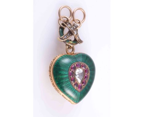 A DIAMOND, RUBY AND ENAMEL LOCKET PENDANT, CIRCA 1820-1830, the slightly domed heart shaped locket of green guilloche enamell