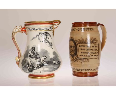 A SAMUEL ALCOCK ROYAL PATRIOTIC JUG, of inverted baluster form, with lion head and scroll handle, the body printed on one sid