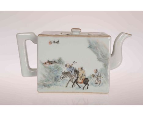 A CHINESE TEAPOT, of rectangular form, decorated in enamels with figures and precious objects and with hand painted Chinese i