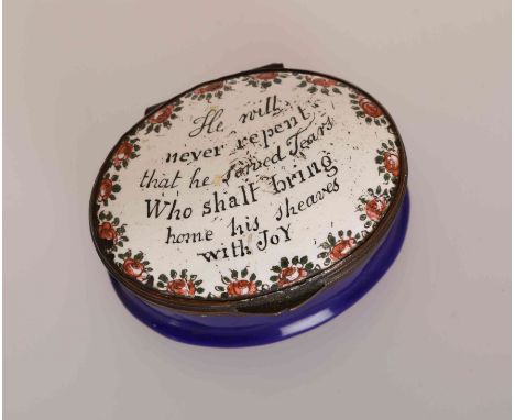 TWO 18TH CENTURY ENAMEL PATCH BOXES, each oval, the first inscribed A Present from Shrewsbury, the second He will never repen