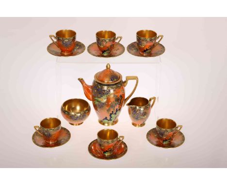 A CARLTON WARE MELON SHAPE COFFEE SERVICE, CIRCA 1920-26, decorated to the Paradise Bird pattern with birds and butterflies o