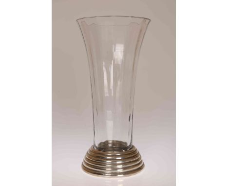 A DARTINGTON GLASS AND SILVER VASE, Garrard, London 1997, the trumpet shaped glass vase in a stepped domed silver base. 36.5c