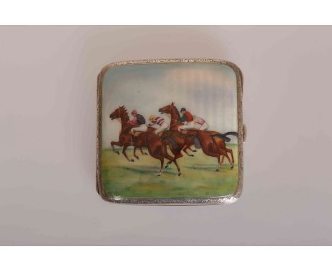 A STERLING SILVER AND ENAMEL CIGARETTE CASE, decorated with a horse racing scene. 9cm 