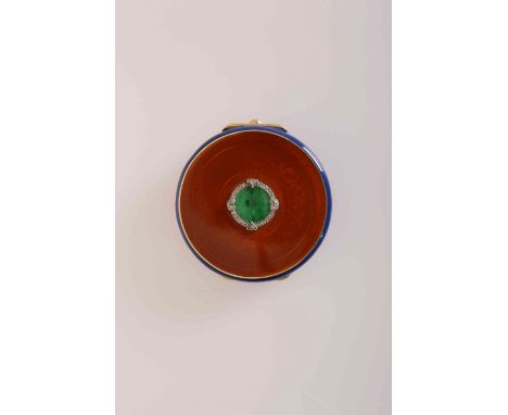 A FINE ART DECO ENAMEL, JADE AND DIAMOND SET COMPACT, IN THE MANNER OF CARTIER, circular, presentation inscription to interio