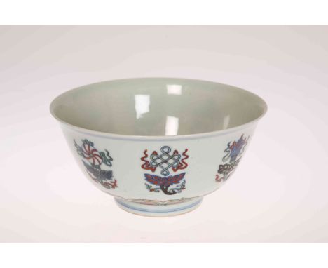 A CHINESE DOUCAI BOWL, circular, enamel painted, blue painted mark. 8.5cm by 17.5cm