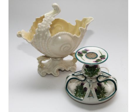  Wemyss Ware thistle decorated china chamber stick and a Belleek cornucopia vase   Condition - small chip to chamber stick 