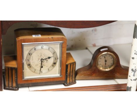 Chiming mantel clock in mahogany case and a small inlaid mahogany clock