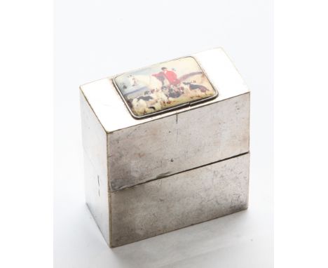 Silver plated card case box, the lid decorated with applied rectangular enamel depicting a hunting scene