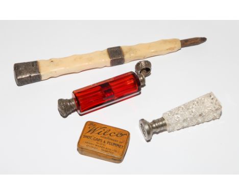 Double ended ruby glass silver mounted perfume bottle, cut glass, bone and silver mounted  and tin of shot caps 