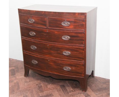 3' 3" late Georgian mahogany bow front chest of 3 long and 2 short drawers standing on splayed feet