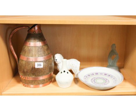 Copper bound wooden jug, dog ornament, Poole Pottery bowl, glass figure etc.