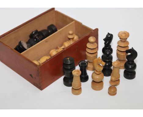 Set of wooden chess pieces in box - as found 