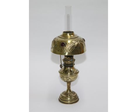 Small brass oil lamp with decorative shade - measures 40cm tall overall