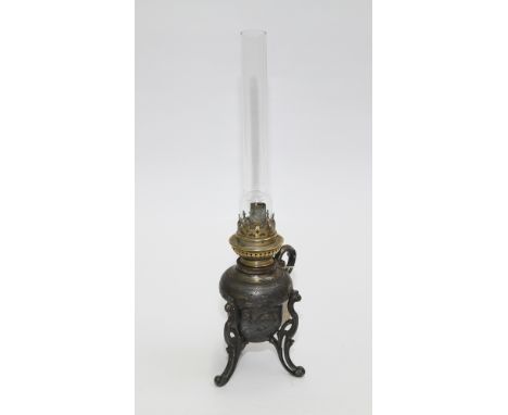 Small decorative plated oil lamp - measures 15" high including the chimney