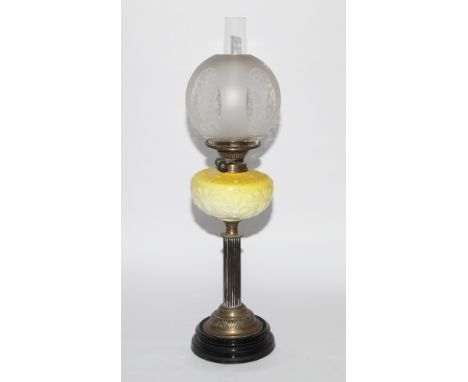 Victorian brass Corinthian column oil lamp with yellow bowl and shade