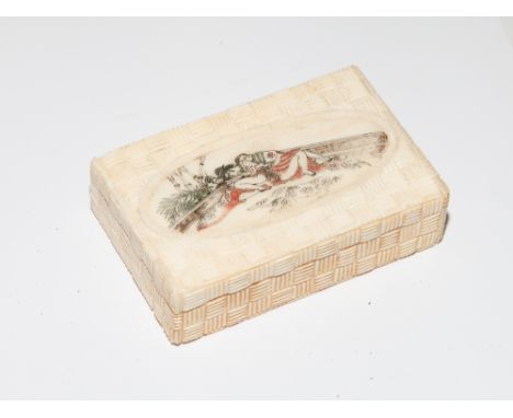 Oriental carved bone hinged rectangular trinket box the lid decorated with erotic scene 9cm long 