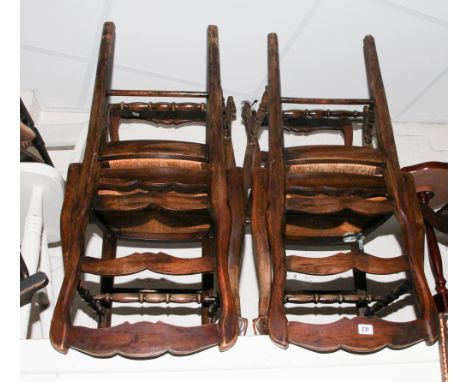 Set of four French ladder back style dining chairs with rush seats 