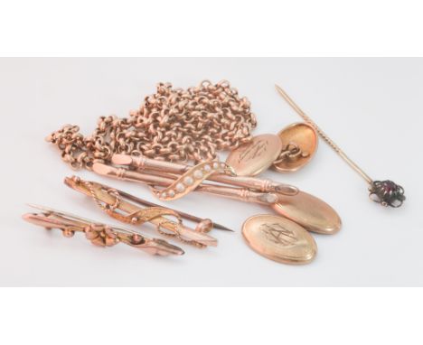 Collection of 9ct yellow gold items to include cufflinks, chains, bar brooches, 15.7g 