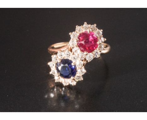 18ct white gold diamond sapphire and ruby set double cluster crossover ring, size L
