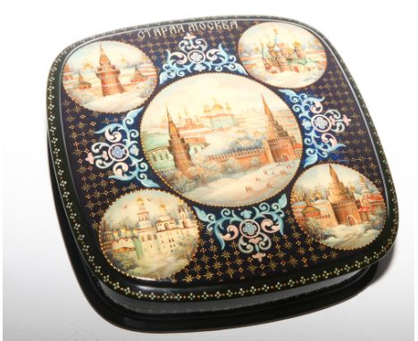Russian lacquer rectangular trinket box with hinged lid painted with 5 views of Moscow, red lacquer interior with inscription