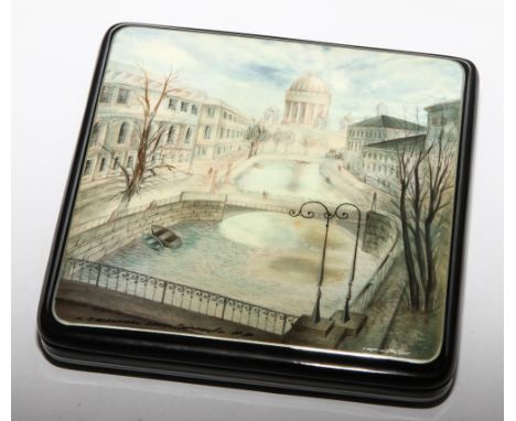 Russian lacquer square trinket box, the hinged lid is decorated with Mother of Pearl and hand painted with a city view, signa