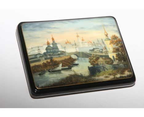 Russian lacquer rectangular trinket box/card case, hinged lid is decorated with a Russian city view, signed to lower left; re