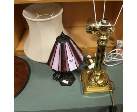 Brass Corinthian column table lamp with shade, Tiffany style lamp and an angle poised desk lamp 