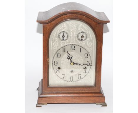 Edwardian Westminster chiming bracket clock with silver dial in oak case 16" tall x 11" wide 