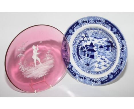Ruby Mary Gregory glass dish and a Masons blue & white plate