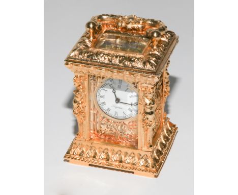 Miniature gilded ornate carriage clock with key - 8cm tall 