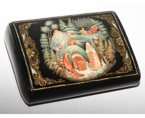 Russian lacquer rectangular trinket box, the hinged lid decorated with Folk Law Legend, inscription to the base - measures ap