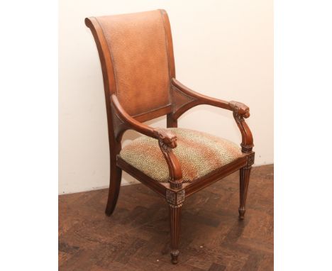 Quality reproduction Empire style mahogany desk or elbow chair with carved head arms on reeded legs with upholstered seat and