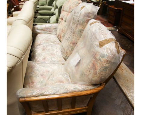 Excellent light oak framed 3 seater settee with patterned cushioned by Cintique