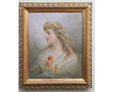 Oil portrait of a young lady with flowers in a decorative gilt frame - Signed Edward Hooper
Measures approximately 53 by 42 c