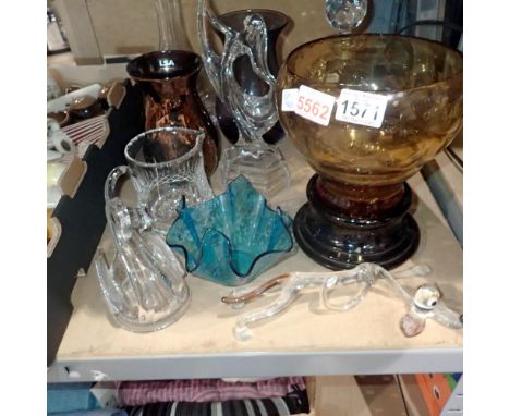 Collection of 20th century cut and coloured glass including a handkerchief bowl. Not available for in-house P&amp;P 