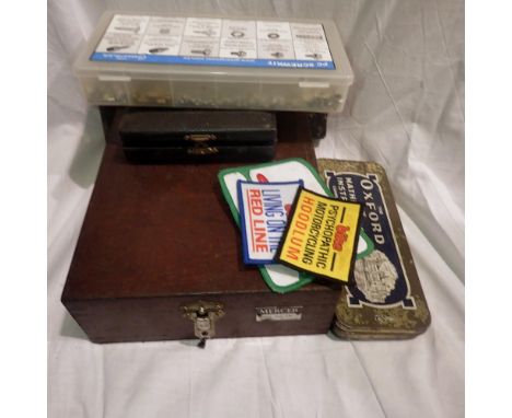 Tray of mixed collectable tools, including Moore &amp; Wright measuring guides and cloth badges. UK P&amp;P Group 3 (£30+VAT 