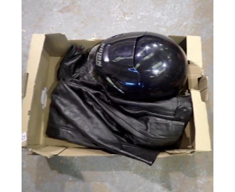 Box containing motorcycle helmet, leather trousers and gloves. Not available for in-house P&amp;P