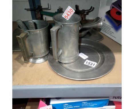 Seven Pewter items and a set of scales. Not available for in-house P&amp;P 