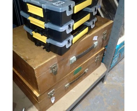 Two wooden tool storage boxes and three Stanley boxes. Not available for in-house P&amp;P 