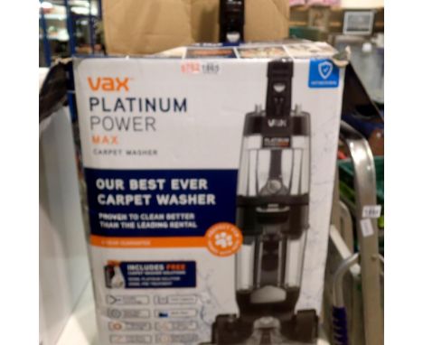 Boxed Vax Platinum Power Max carpet washer with tools included, used once. All electrical items in this lot have been PAT tes