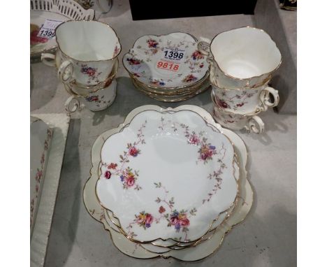 Vintage Aynsley China tea set, six cups, saucers, plates and bread and butter plate with floral decoration. Not available for
