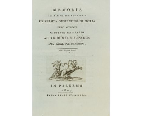 Printed on blue paper.- Rapisardi (Giuseppe) Memoria per l'Alma regia Generale Universita degli Studi di Sicilia, first editi