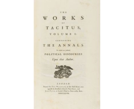 NO RESERVE Tacitus (Publius Cornelius) Works, [translated by Thomas Gordon], 2 vol., first Gordon edition, woodcut initials a