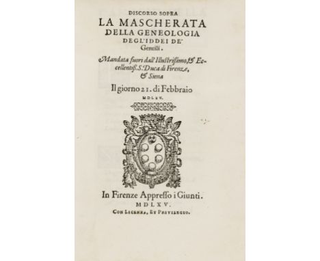 Fête.- [Baldini (Baccio)] Discorso sopra la mascherata della geneologia degl'iddei de'gentili, first edition, woodcut Medici 