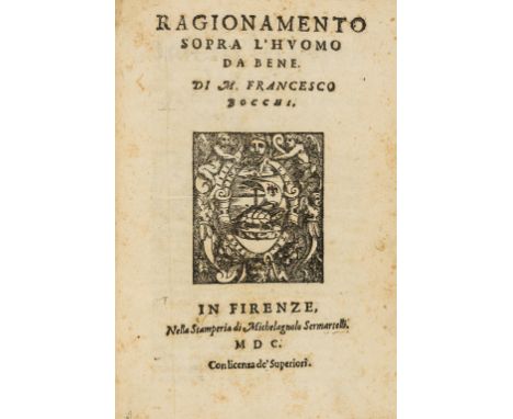 NO RESERVE Michelangelo.- Bocchi (Francesco) Ragionamento sopra L'Huomo da Bene, first edition, woodcut printer's device to t