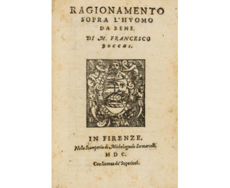 NO RESERVE Michelangelo.- Bocchi (Francesco) Ragionamento sopra L'Huomo da Bene, first edition, woodcut printer's device to t