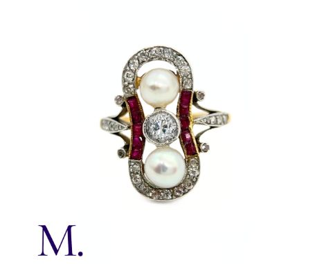 A Pearl, Diamond and Ruby RingThe French 18ct yellow gold ring is set with a 0.20ct diamond to the centre with pearls above a